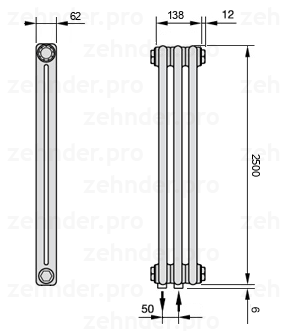 Схема (чертеж) Радиатор Zehnder Charleston 2250/3 №5410 Белый глянцевый RAL 9016